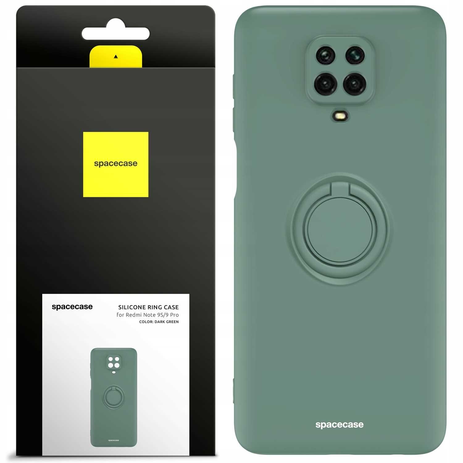 Obraz przedstawia zielone silikonowe etui z pierścieniem na telefon, obok opakowanie z logo \'spacecase\'. Na opakowaniu widnieje napis: \'SILICONE RING CASE for Redmi Note 9S/9 Pro COLOR: DARK GREEN\'.