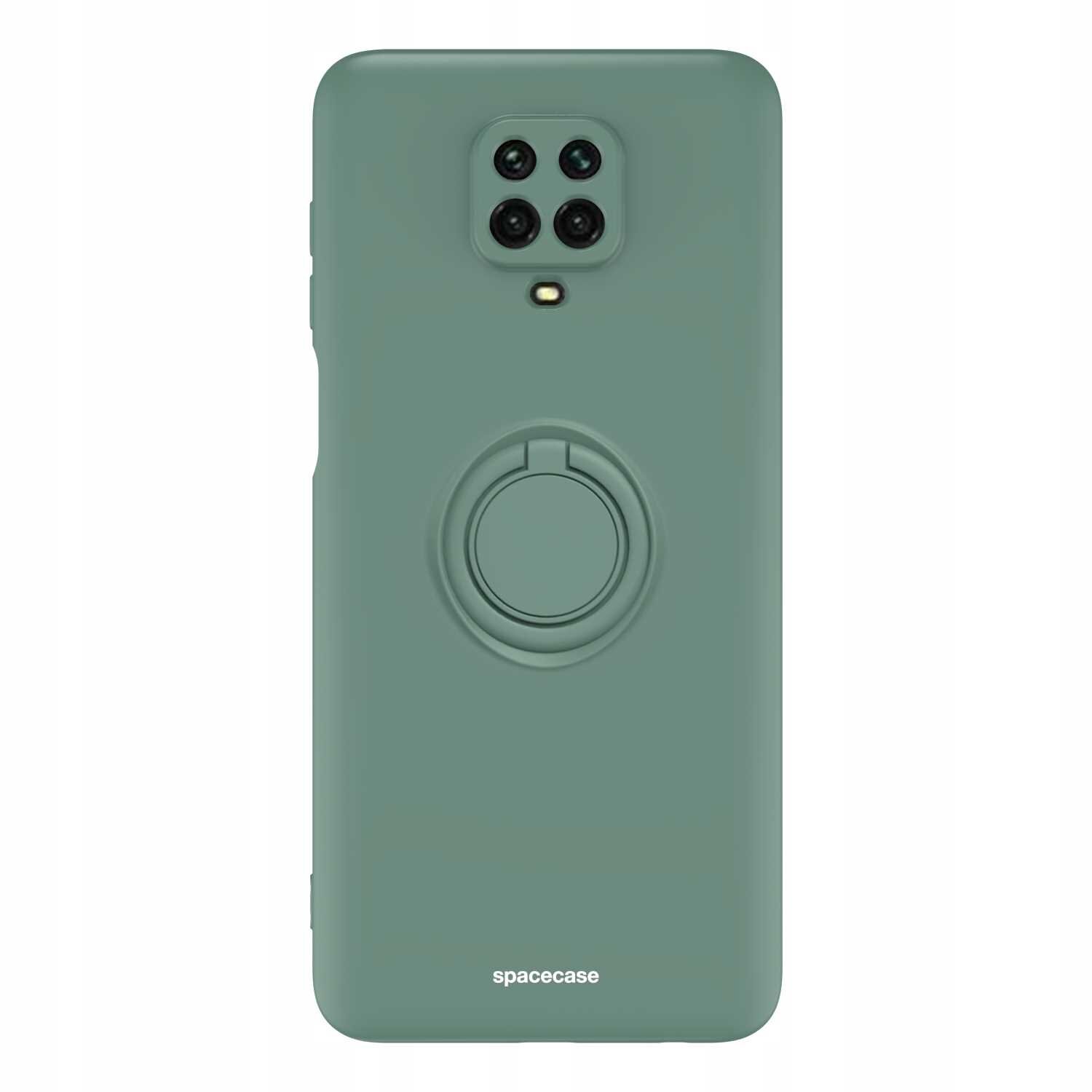 Zielone silikonowe etui z pierścieniem na tylnej stronie, przeznaczone do telefonu z czterema otworami na aparat. Na dole widoczny jest napis \'spacecase\'.