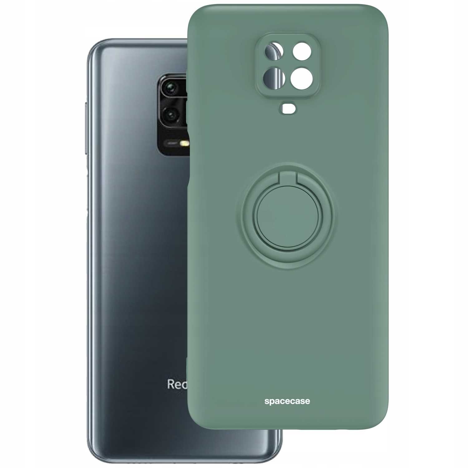 Obraz przedstawia zielone silikonowe etui z pierścieniem na telefon, z widocznym logo \'spacecase\'. W tle znajduje się telefon z widocznym aparatem i napisem \'Redmi\'.