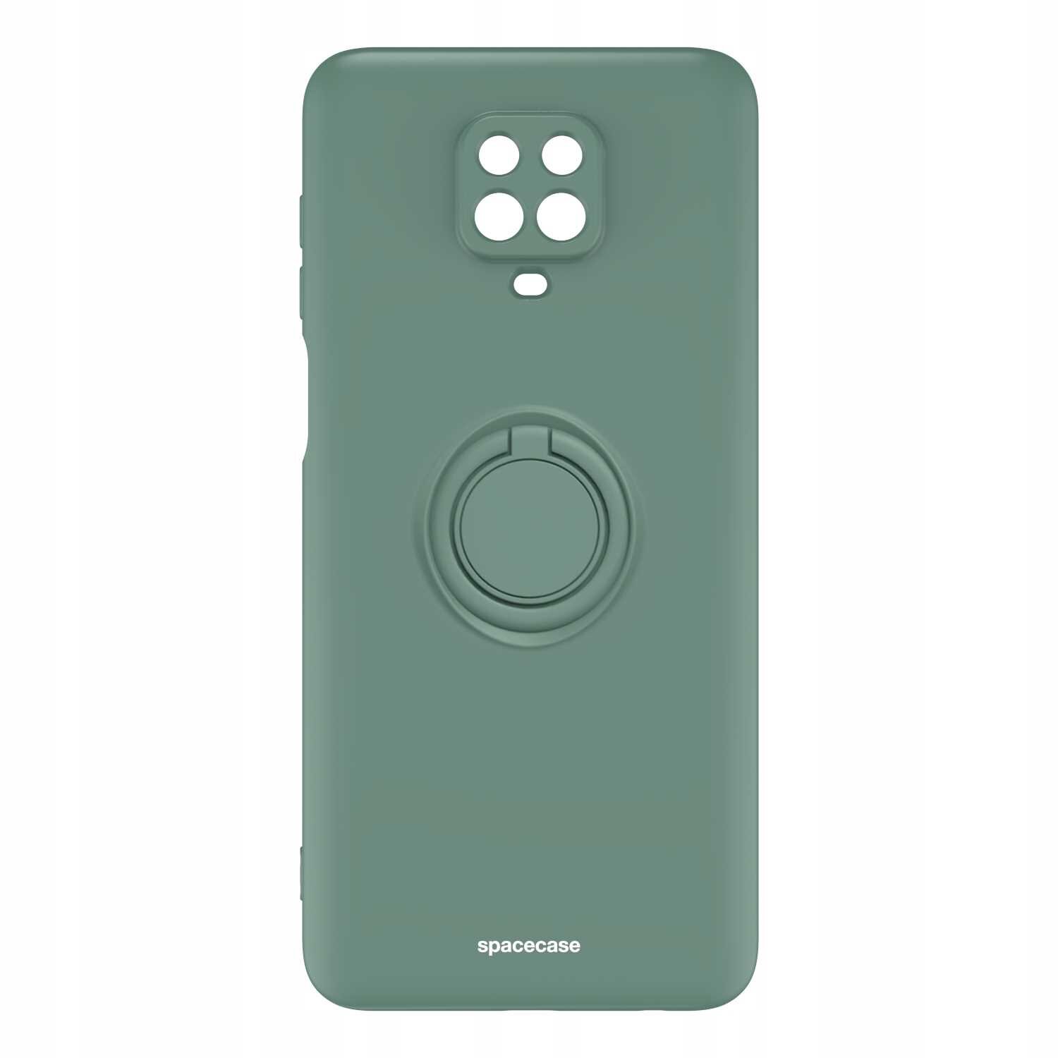 Zielone silikonowe etui z pierścieniem na tylnej stronie, posiada wycięcia na aparat i logo \'spacecase\' na dole.