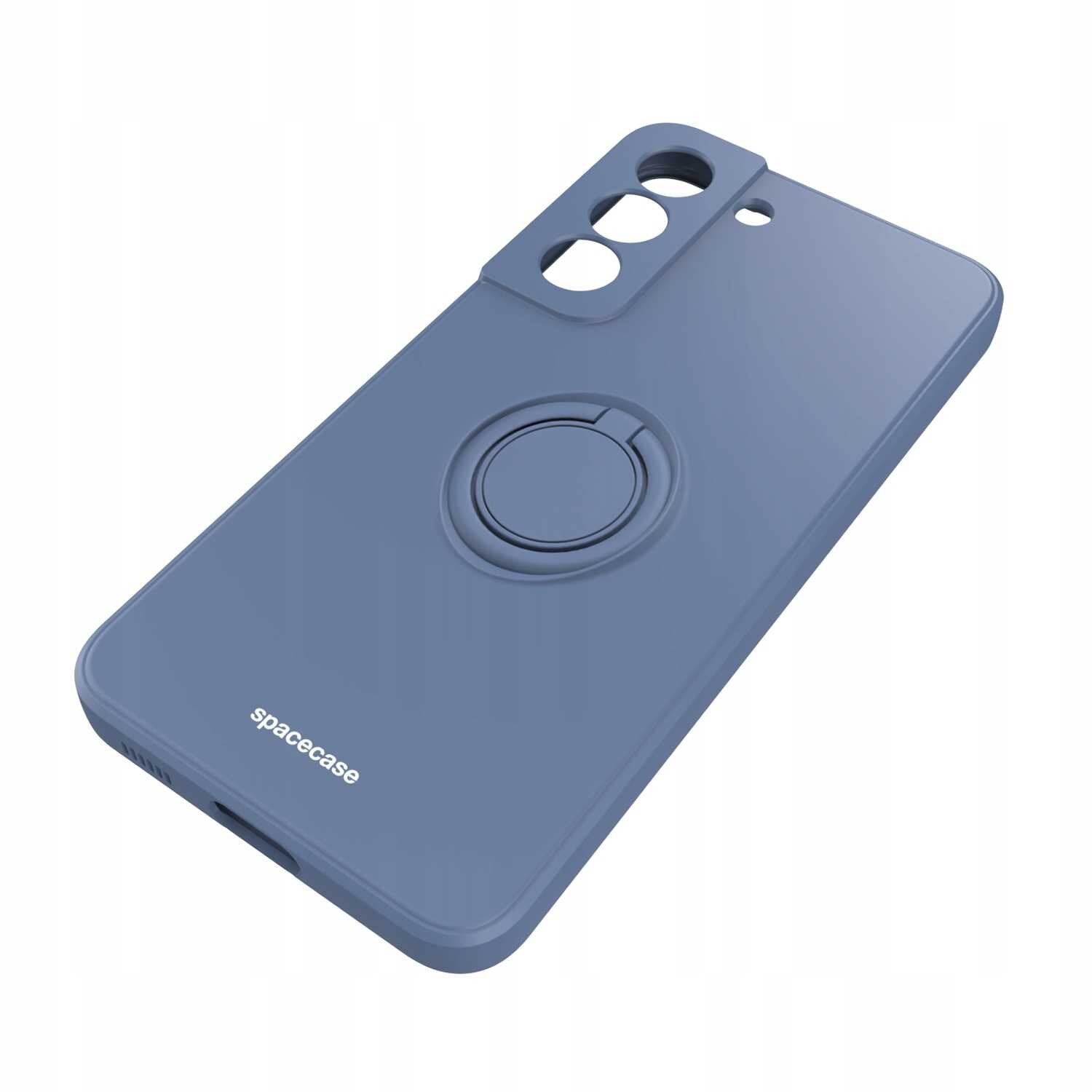 Niebieskie silikonowe etui z pierścieniem na tylnej stronie, przeznaczone do telefonu z trzema otworami na aparat. Na etui widoczne jest logo \'spacecase\'.