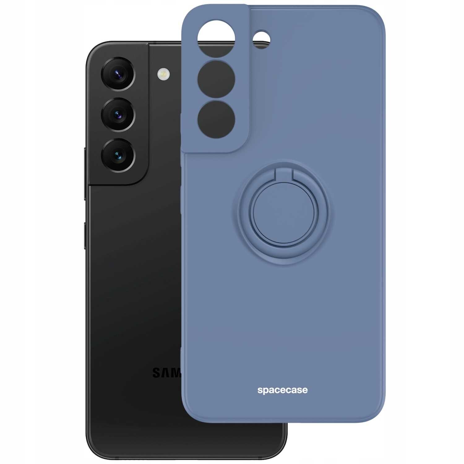 Na obrazie widoczne jest niebieskie silikonowe etui z pierścieniem, przeznaczone do telefonu Galaxy S22. Na etui znajduje się napis \'spacecase\'.