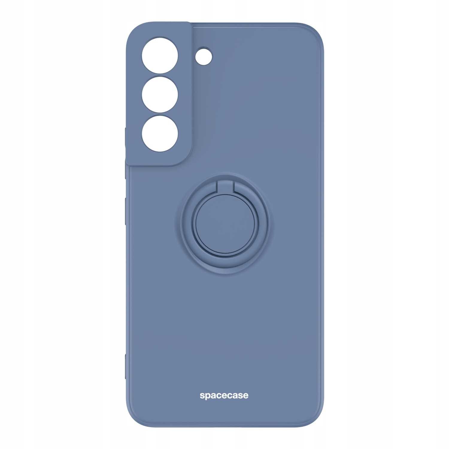 Niebieskie silikonowe etui z pierścieniem na tylnej stronie, przeznaczone do telefonu Galaxy S22. Na dole widoczny jest napis \'spacecase\'.