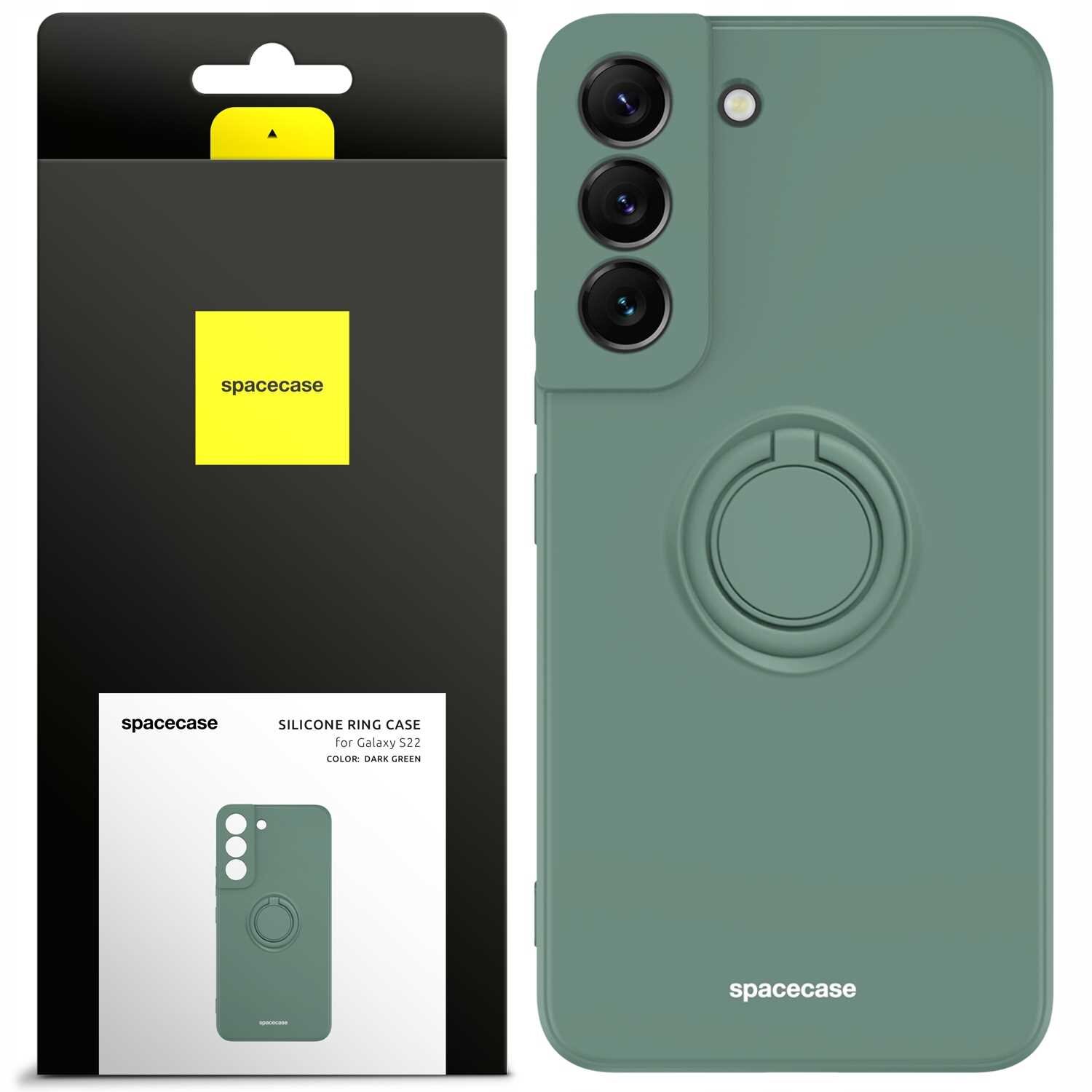 Zielone silikonowe etui z pierścieniem do Galaxy S22, zaprezentowane obok opakowania z logo \'spacecase\'.