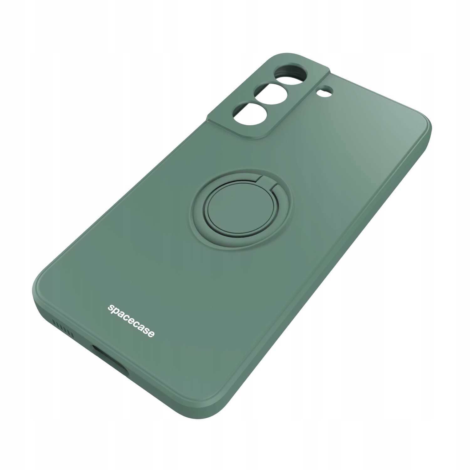 Zielone silikonowe etui z pierścieniem na tylnej stronie, przeznaczone do telefonu Galaxy S22. Na etui widoczne jest logo \'spacecase\'.