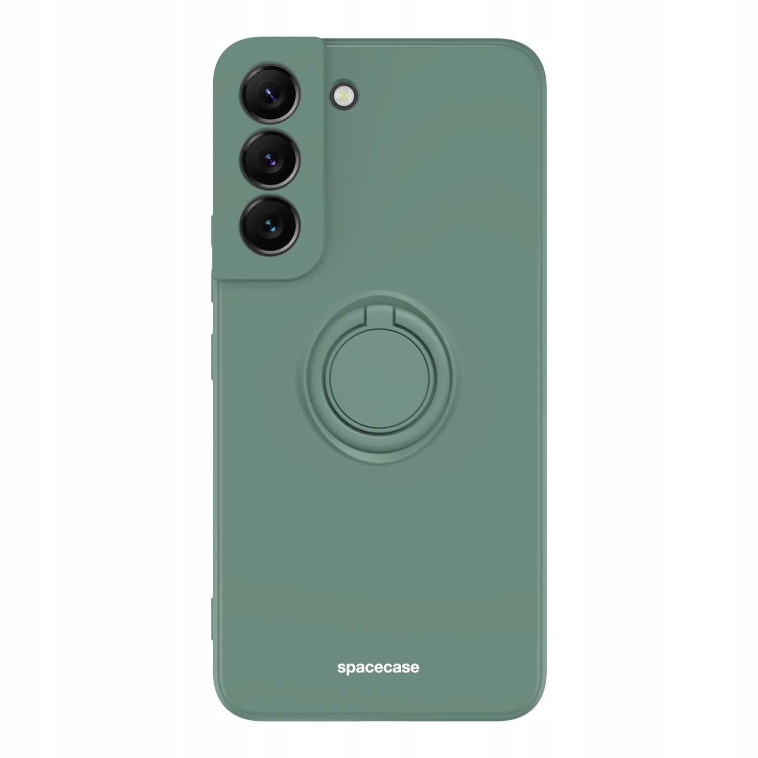 Zielone silikonowe etui z trzema otworami na aparaty i pierścieniem na środku. Na dole widoczny jest napis \'spacecase\'.