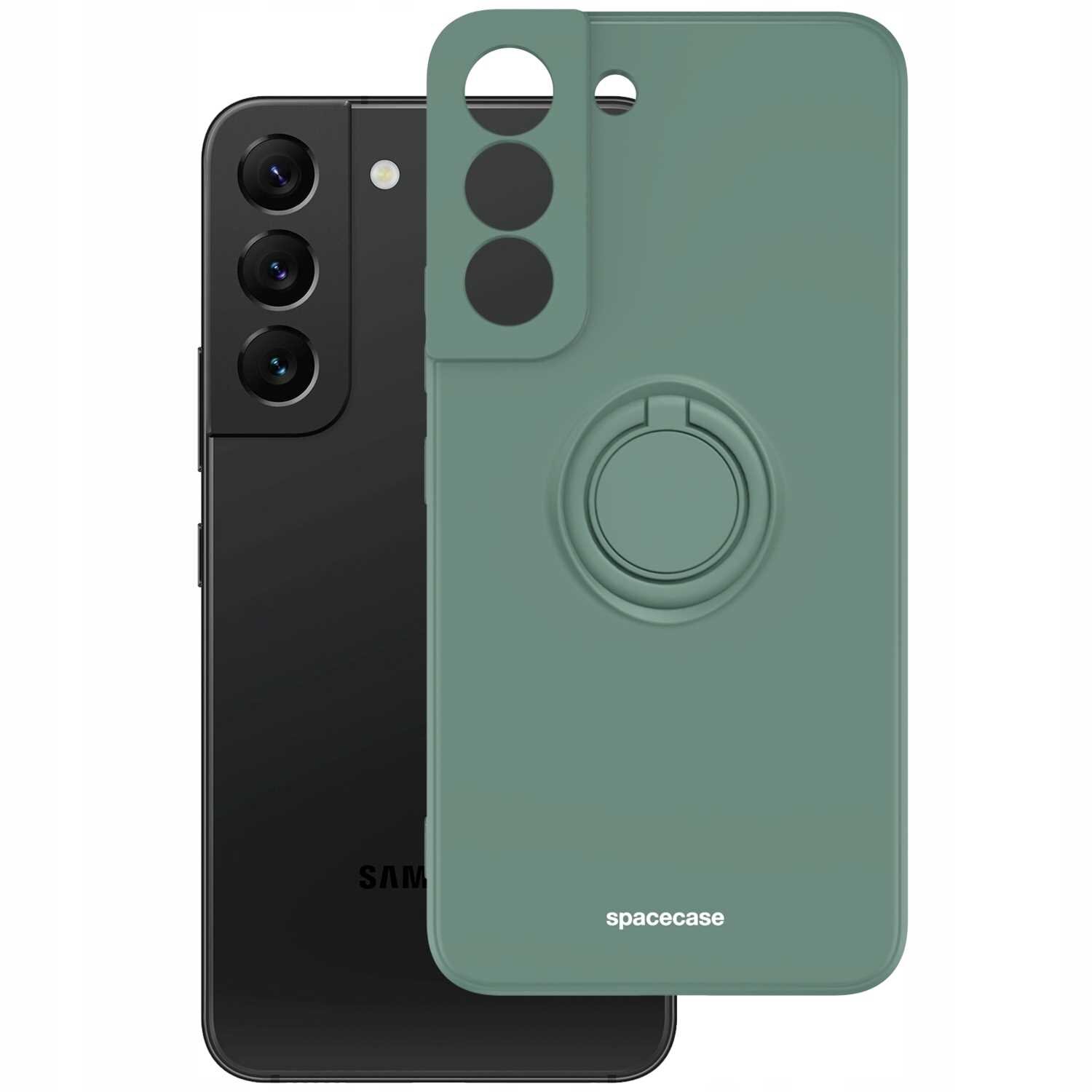 Na obrazie widoczne jest zielone silikonowe etui z pierścieniem, przeznaczone do telefonu Galaxy S22. Na etui znajduje się napis \'spacecase\'.