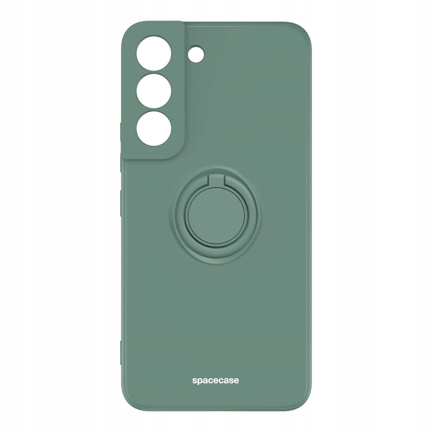 Zielone silikonowe etui z trzema otworami na aparat i pierścieniem na środku. Na dole widoczny jest napis \'spacecase\'.