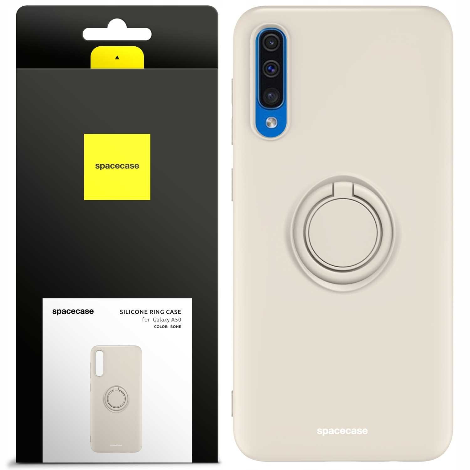 Obraz przedstawia beżowe silikonowe etui z pierścieniem na telefon Galaxy A50. Na opakowaniu widnieje logo \'spacecase\' oraz napis \'SILICONE RING CASE for Galaxy A50 COLOR: BONE\'.