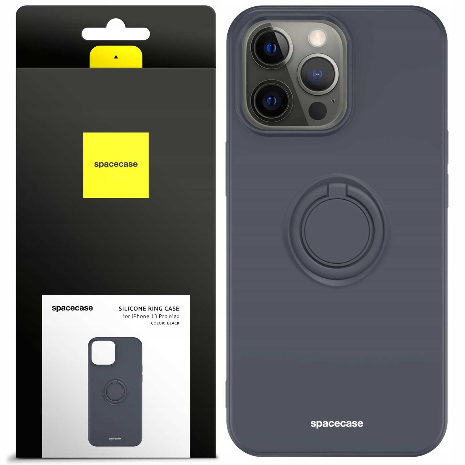 Obraz przedstawia czarne silikonowe etui z pierścieniem na iPhone 13 Pro oraz jego opakowanie z logo \'spacecase\'. Na opakowaniu widnieje napis: \'SILICONE RING CASE for iPhone 13/13 Pro COLOR: BLACK\'.