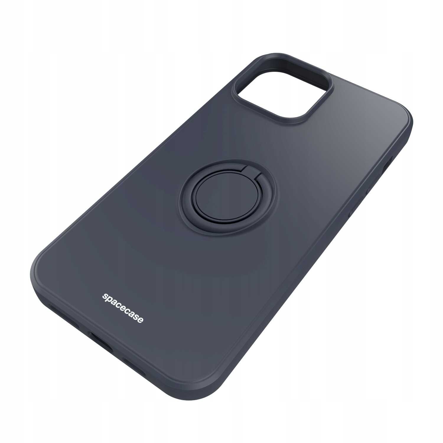 Czarne silikonowe etui z pierścieniem na tylnej części, przeznaczone do iPhone 13 Pro Max. Na etui widoczne jest logo \'spacecase\'.