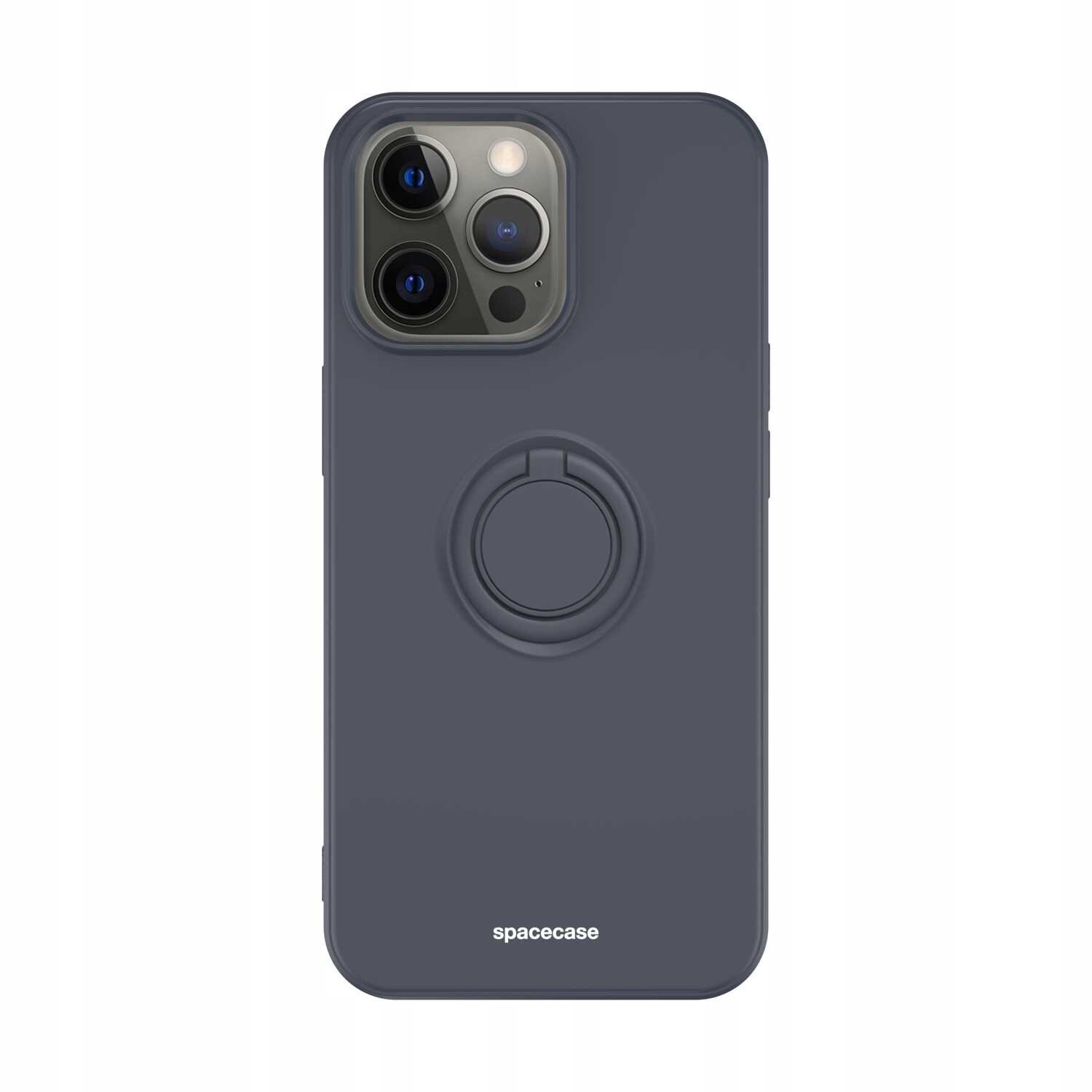 Czarne silikonowe etui z pierścieniem na tylnej stronie, przeznaczone do iPhone 13 Pro. Na dole widoczne jest logo \'spacecase\'.
