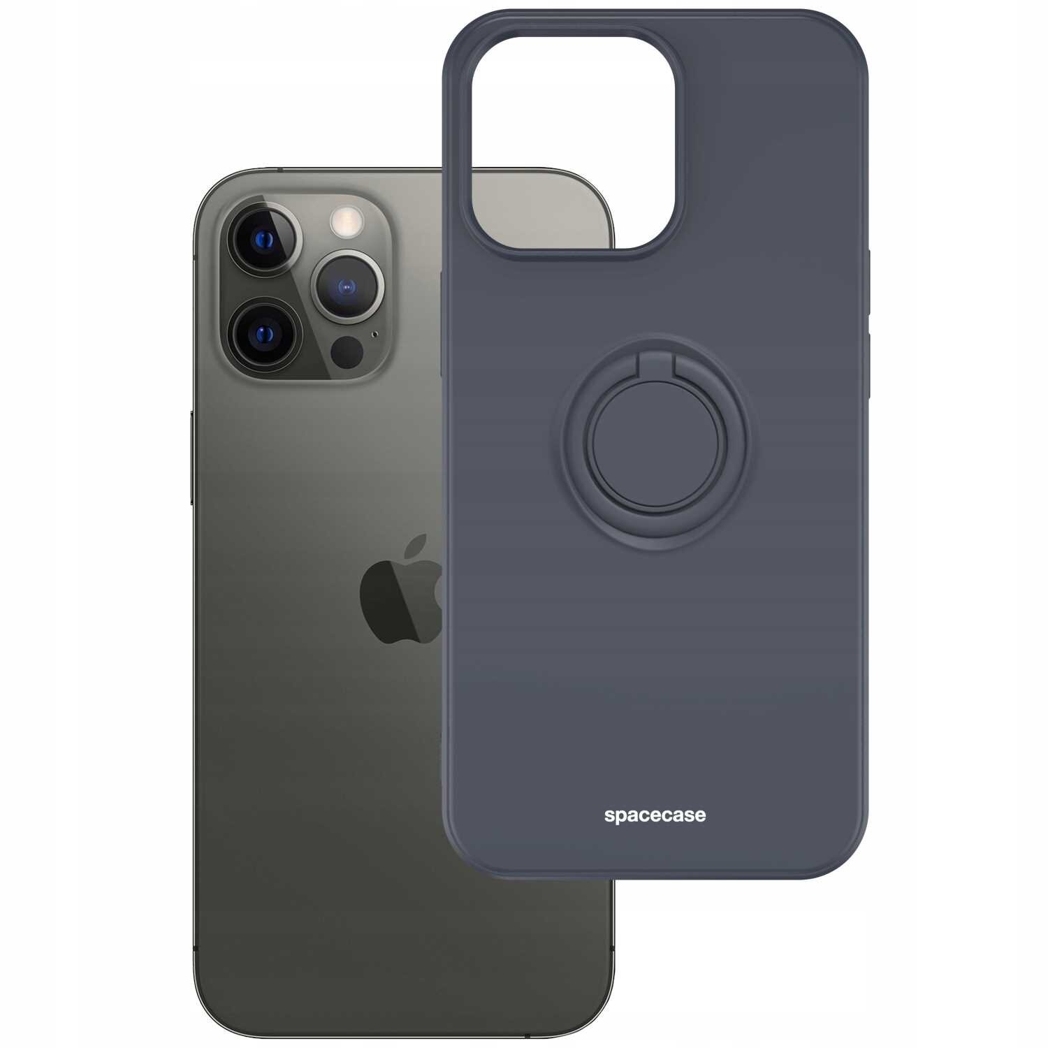 Na obrazie widoczny jest czarny silikonowy futerał z pierścieniem, obok którego znajduje się smartfon z trzema obiektywami aparatu. Na futerale widnieje napis \'spacecase\'.
