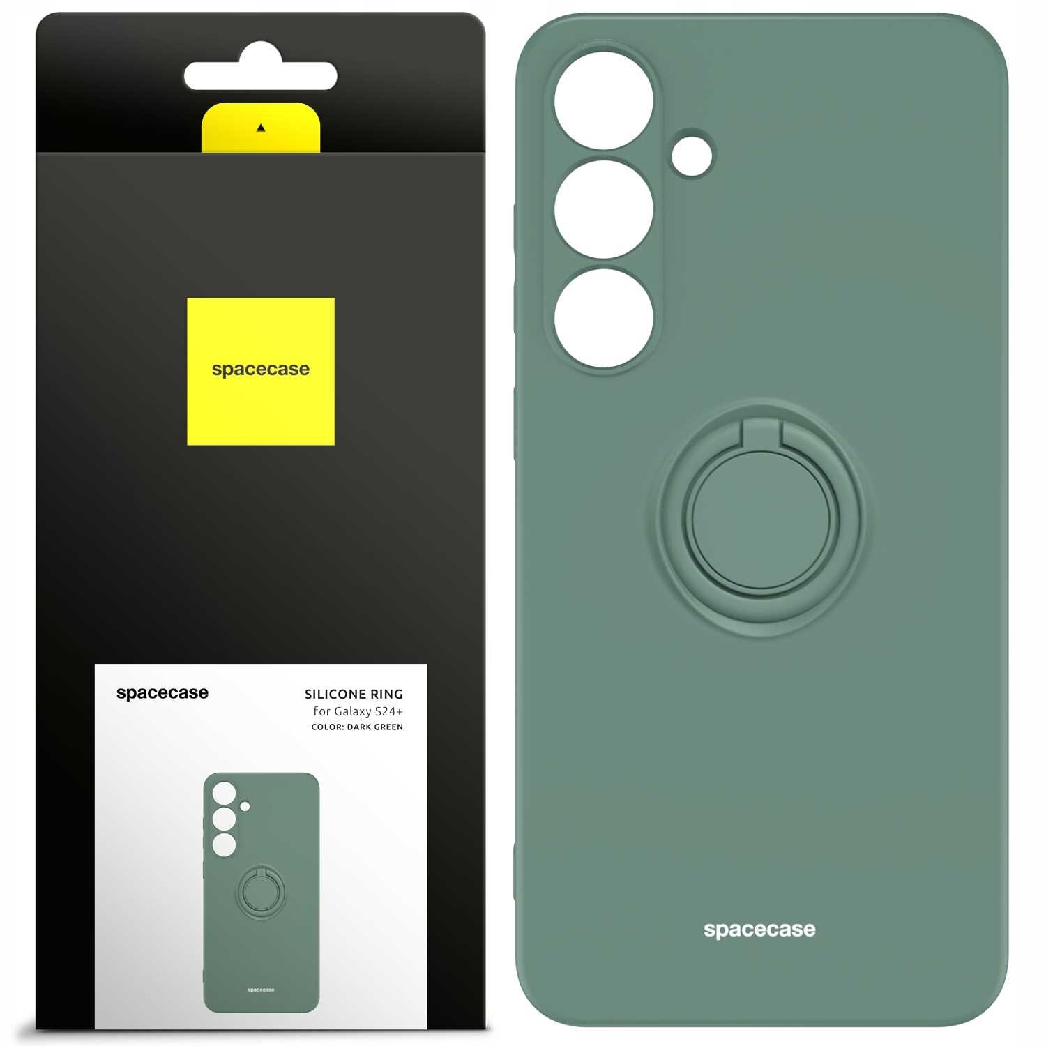 Zielone silikonowe etui z pierścieniem do Galaxy S24+ obok opakowania z logo \'spacecase\'. Na opakowaniu widnieje napis: \'SILICONE RING for Galaxy S24+ COLOR: DARK GREEN\'.