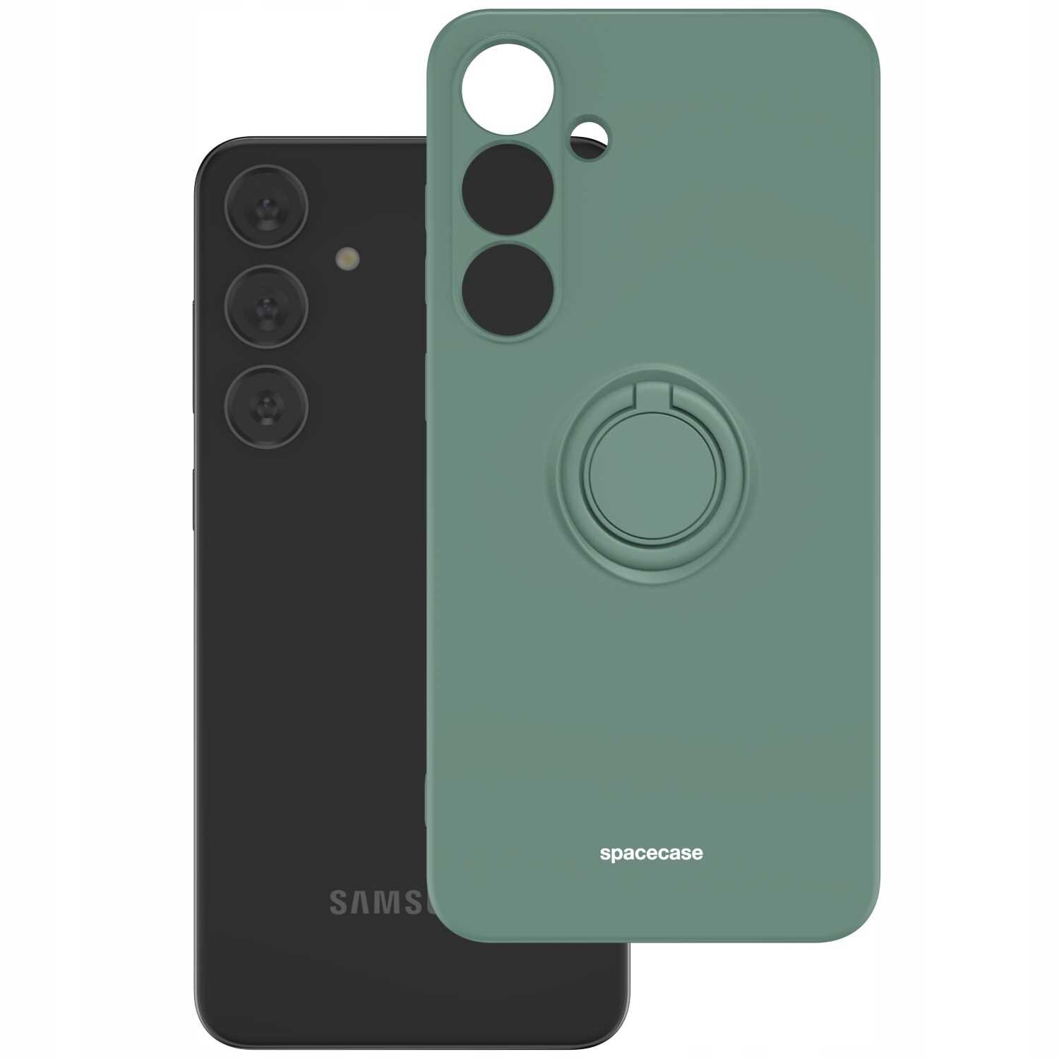 Obraz przedstawia zielone silikonowe etui z pierścieniem na telefon, obok czarnego telefonu z trzema aparatami. Na etui widoczny jest napis \'spacecase\'.