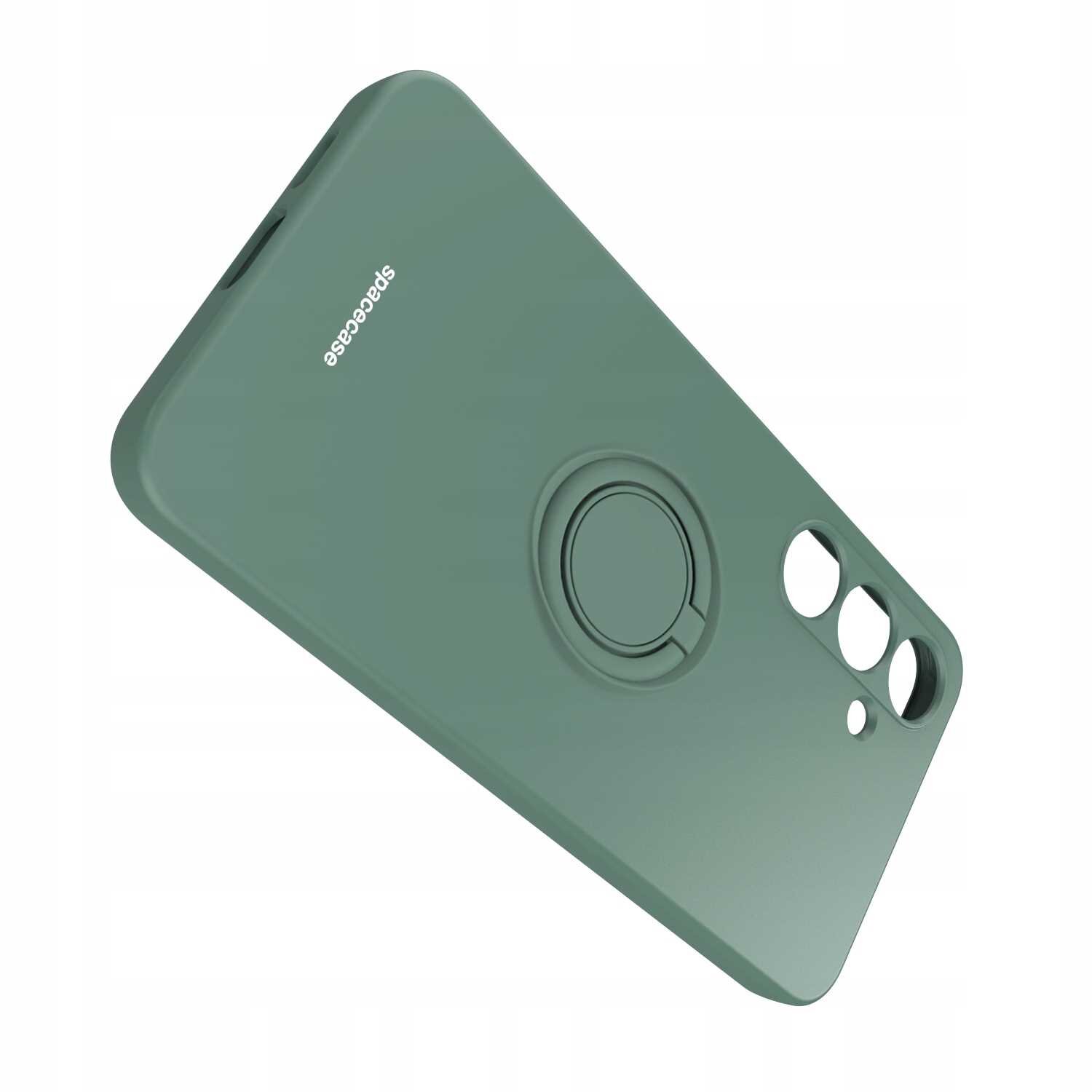 Zielone silikonowe etui z napisem \'Spacecase\' i wbudowanym pierścieniem na tylnej stronie. Posiada wycięcia na aparat i inne elementy telefonu.