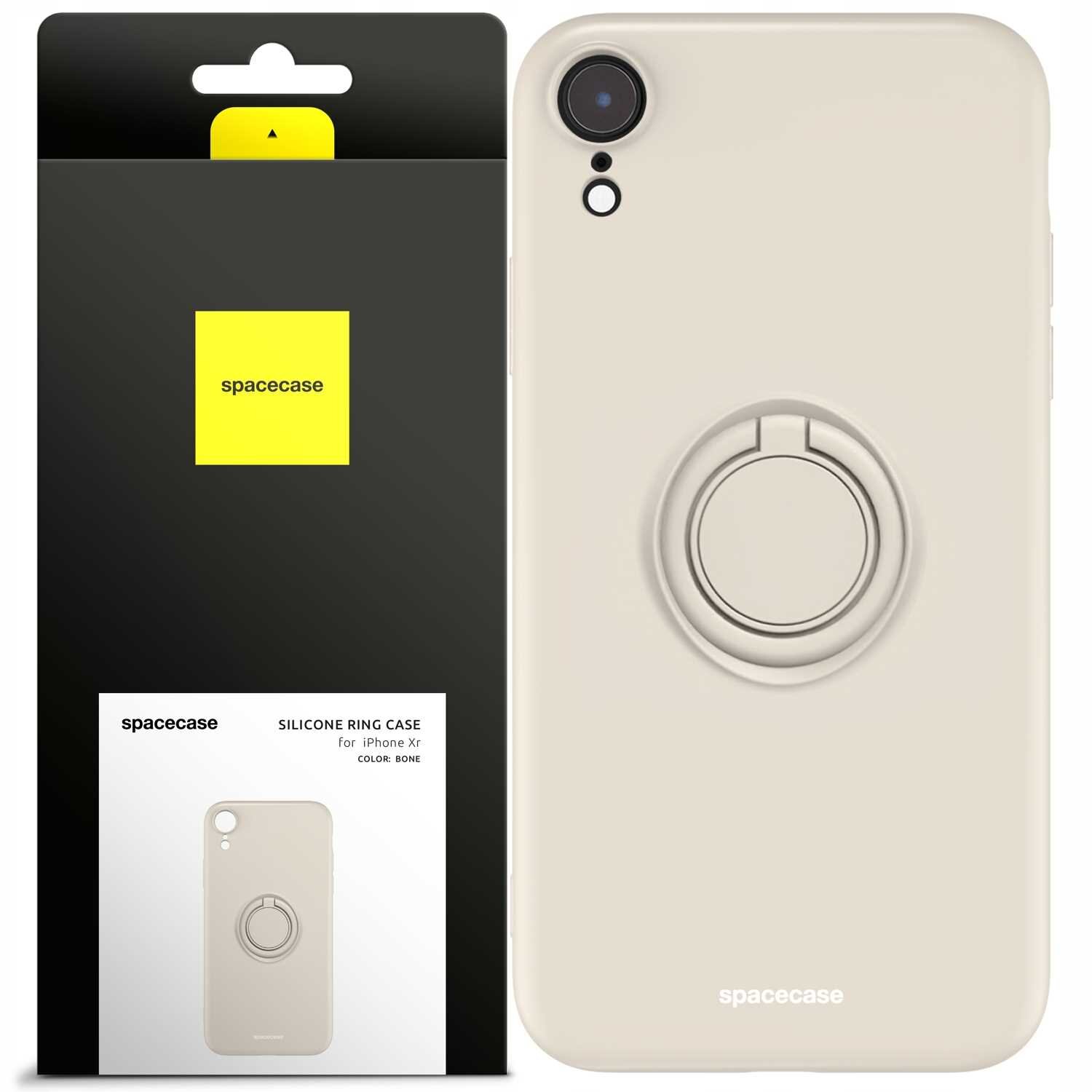 Beżowe silikonowe etui z pierścieniem do iPhone XR, obok opakowanie z logo \'spacecase\'.