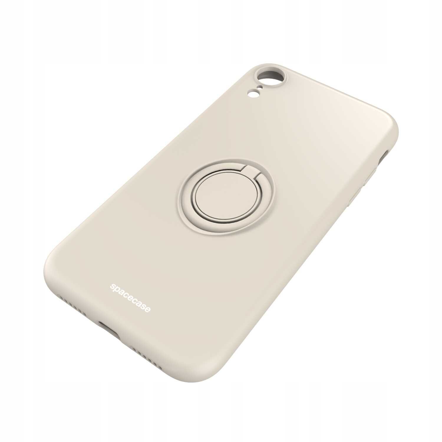 Beżowe silikonowe etui z pierścieniem na tylnej stronie, przeznaczone do iPhone XR. Na etui widoczne jest logo \'spacecase\'.