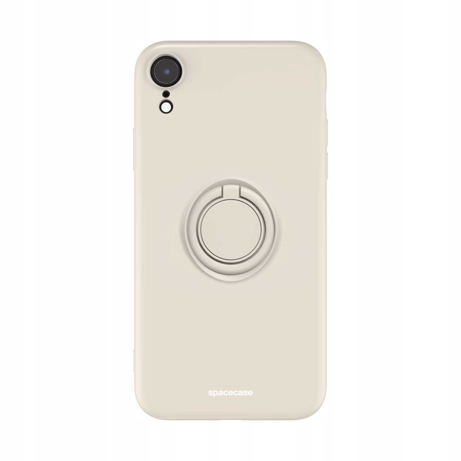 Beżowe silikonowe etui z pierścieniem na tylnej stronie, przeznaczone do iPhone XR. Na dole widoczne jest logo \'spacecase\'.