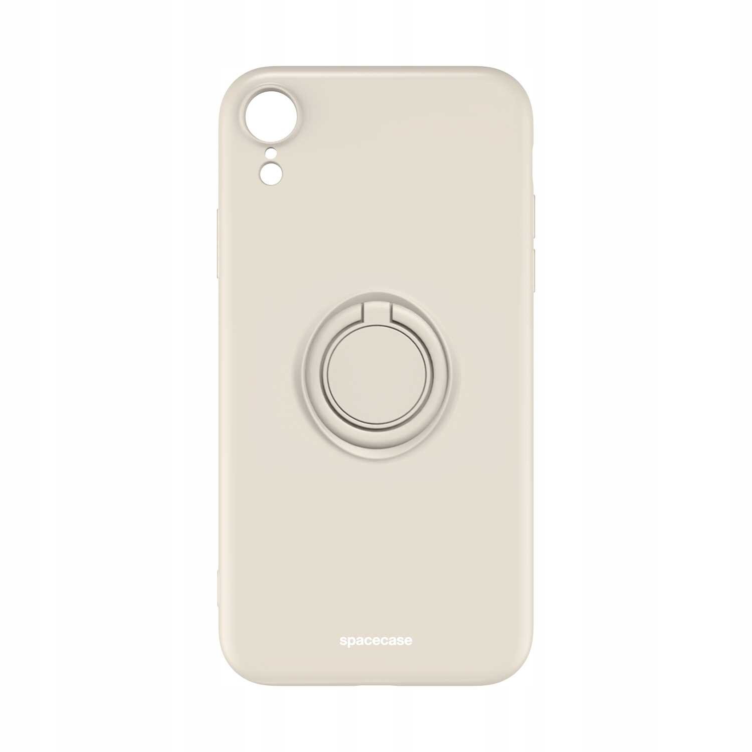 Beżowe silikonowe etui z pierścieniem na tylnej stronie, przeznaczone do iPhone XR. Na dole widoczny jest napis \'spacecase\'.