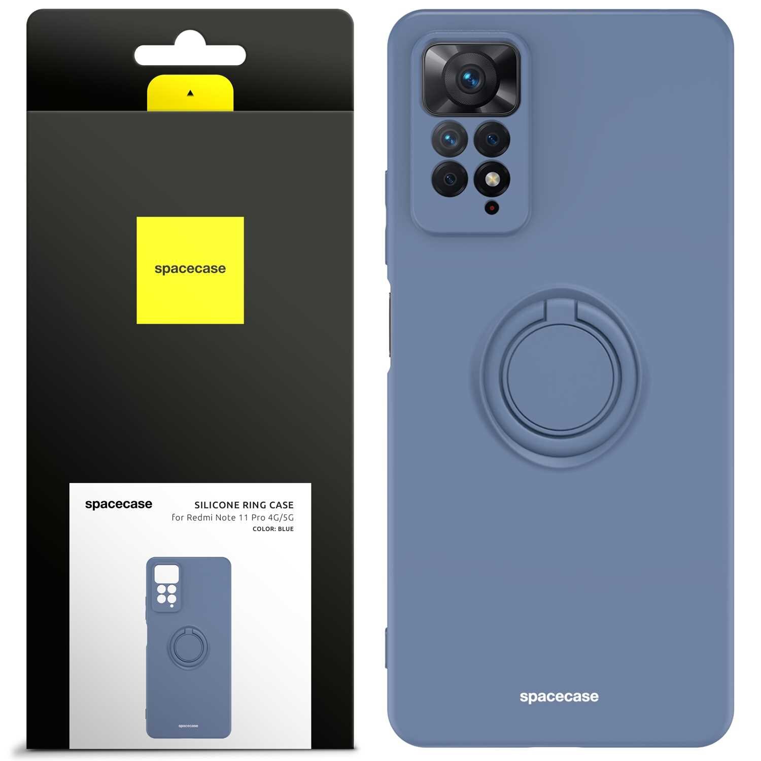 Obraz przedstawia silikonowe etui w kolorze niebieskim z pierścieniem na tylnej stronie, przeznaczone do telefonu Redmi Note 11 Pro 4G/5G. Opakowanie produktu ma czarną i żółtą kolorystykę z logo \'spacecase\'.