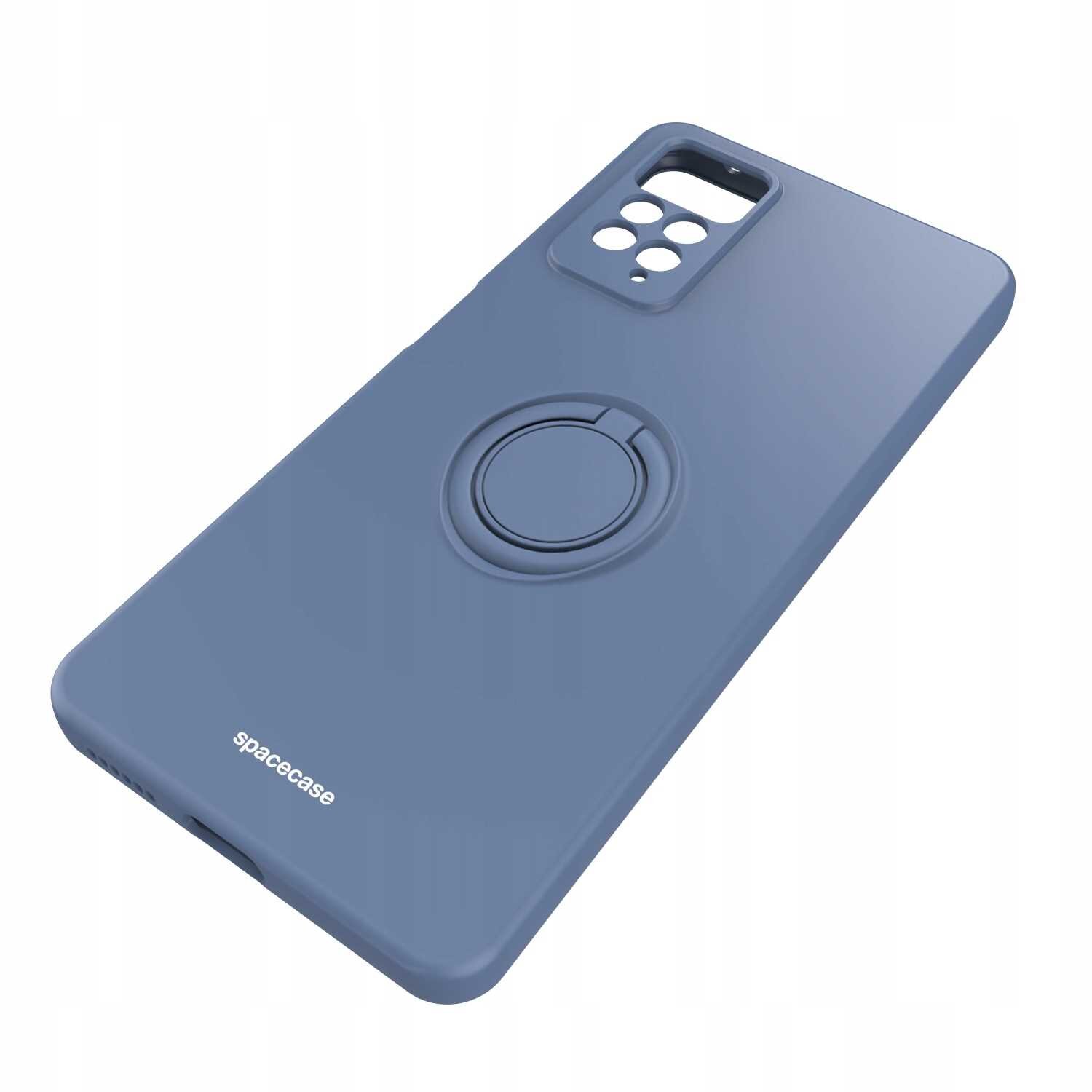 Niebieskie silikonowe etui z pierścieniem na tylnej stronie, przeznaczone do telefonu. Na etui widoczne jest logo \'spacecase\'.