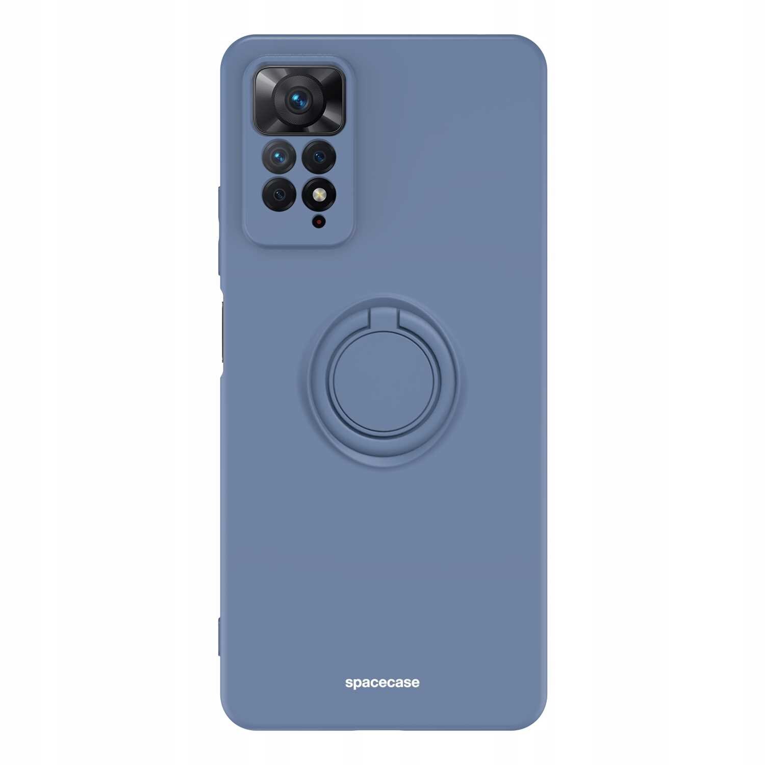 Niebieskie silikonowe etui z pierścieniem na tylnej części, przeznaczone do telefonu z widocznym aparatem. Na dole widoczny jest napis \'spacecase\'.