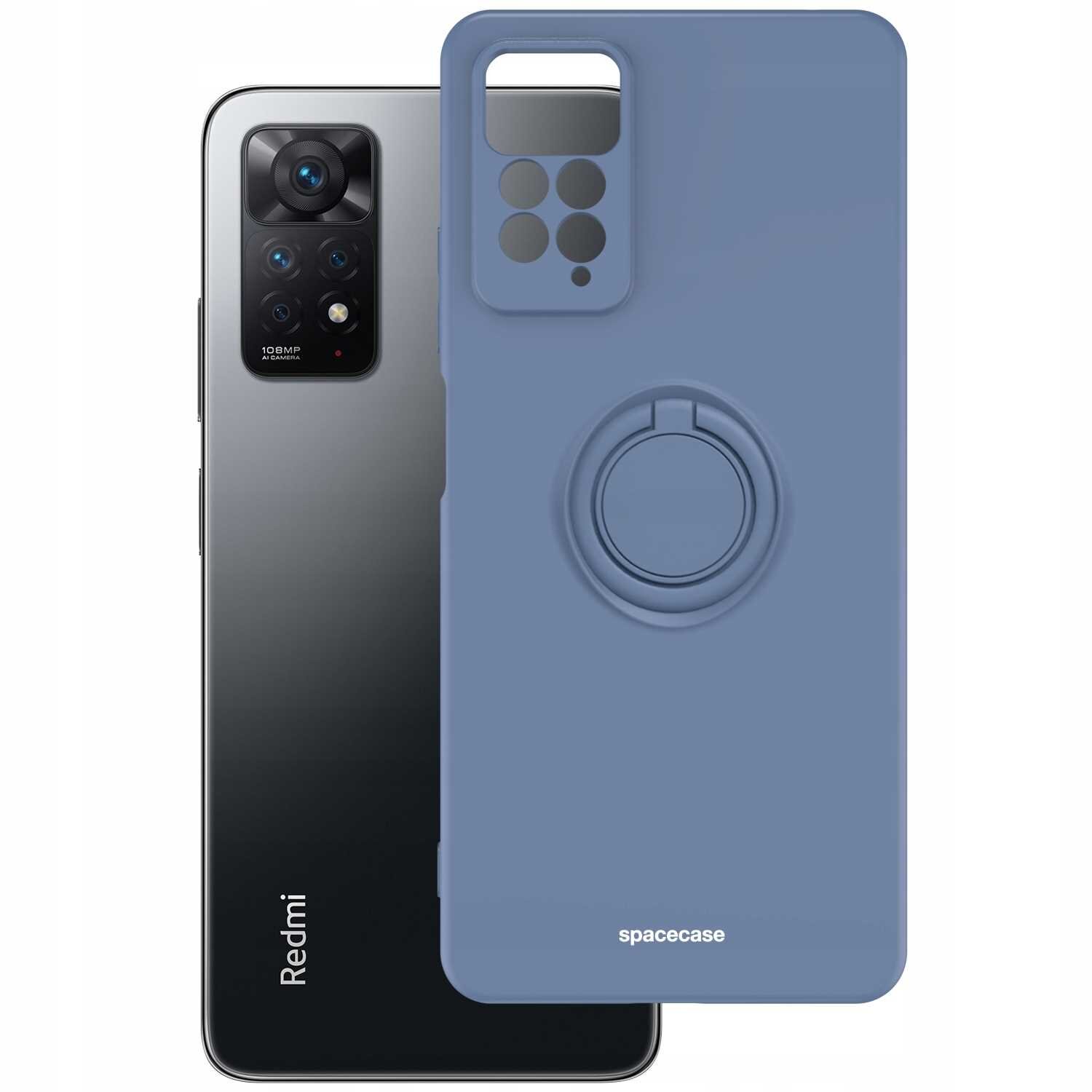 Na obrazie widoczne jest niebieskie silikonowe etui z pierścieniem, przeznaczone do telefonu Redmi Note 11 Pro. Obok etui znajduje się telefon z widocznym aparatem i napisem \'108MP\'.