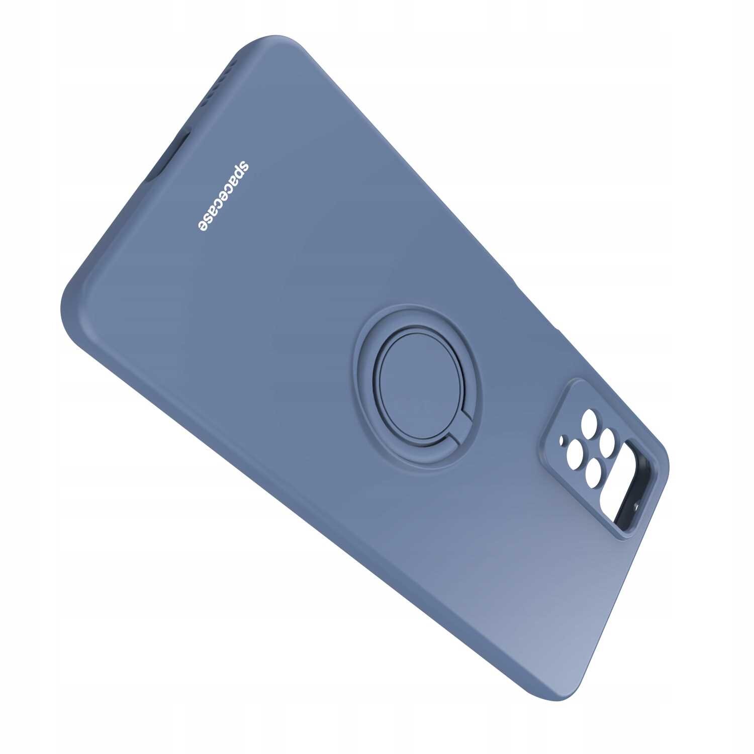 Niebieskie silikonowe etui z pierścieniem na tylnej części, przeznaczone do telefonu z wycięciem na aparat. Na powierzchni widoczne jest logo \'spacecase\'.