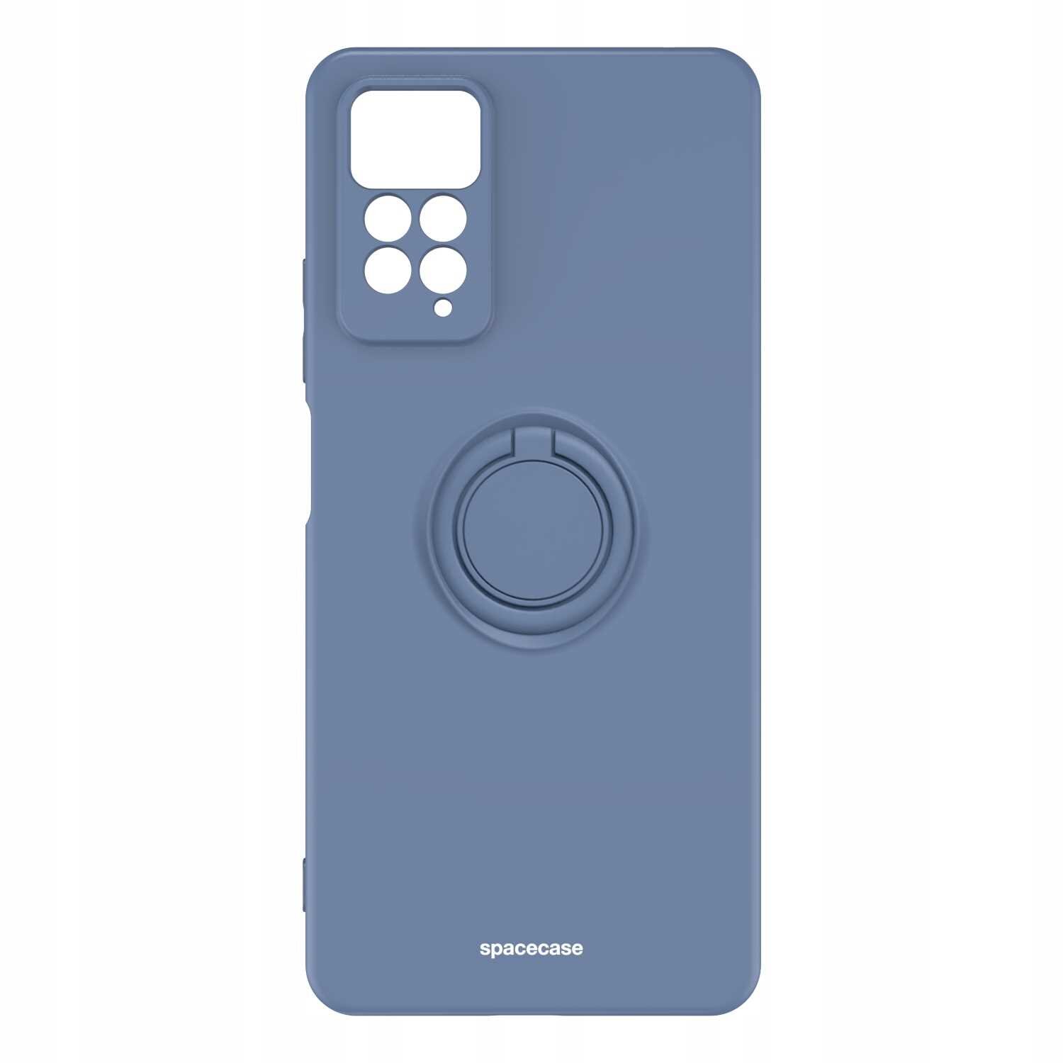 Niebieskie silikonowe etui z pierścieniem na tylnej stronie, przeznaczone do telefonu. Na dole widoczny jest napis \'spacecase\'.