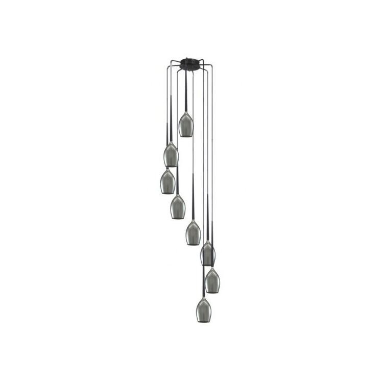 Lampa wisząca z ośmioma źródłami światła, złożona z długich, cienkich przewodów zakończonych szklanymi kloszami w kształcie kropli. Klosze są rozmieszczone na różnych wysokościach, tworząc efekt kaskady.