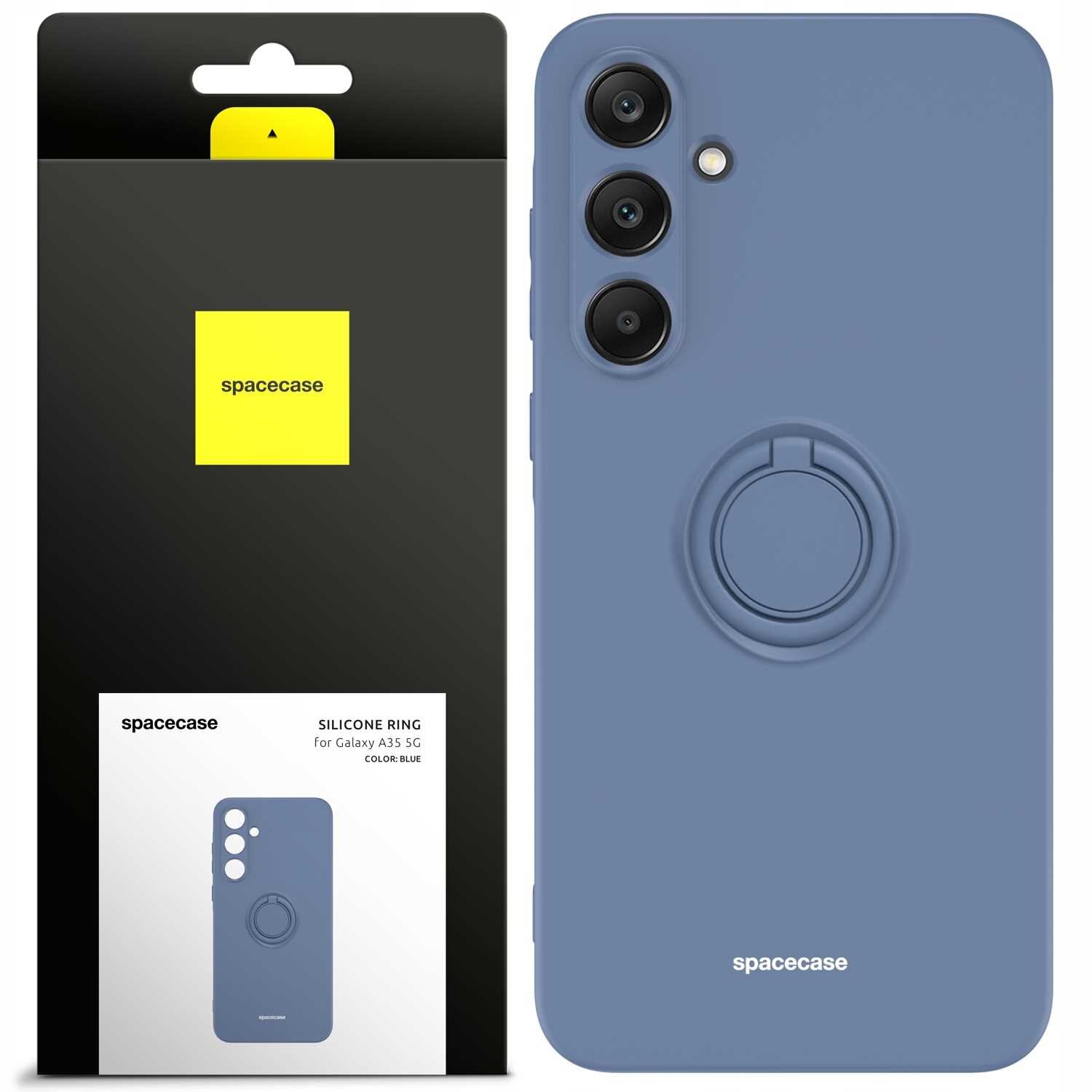 Na obrazie widoczne jest niebieskie silikonowe etui z pierścieniem, przeznaczone do Galaxy A35 5G. Obok znajduje się opakowanie z logo \'spacecase\' i opisem produktu.