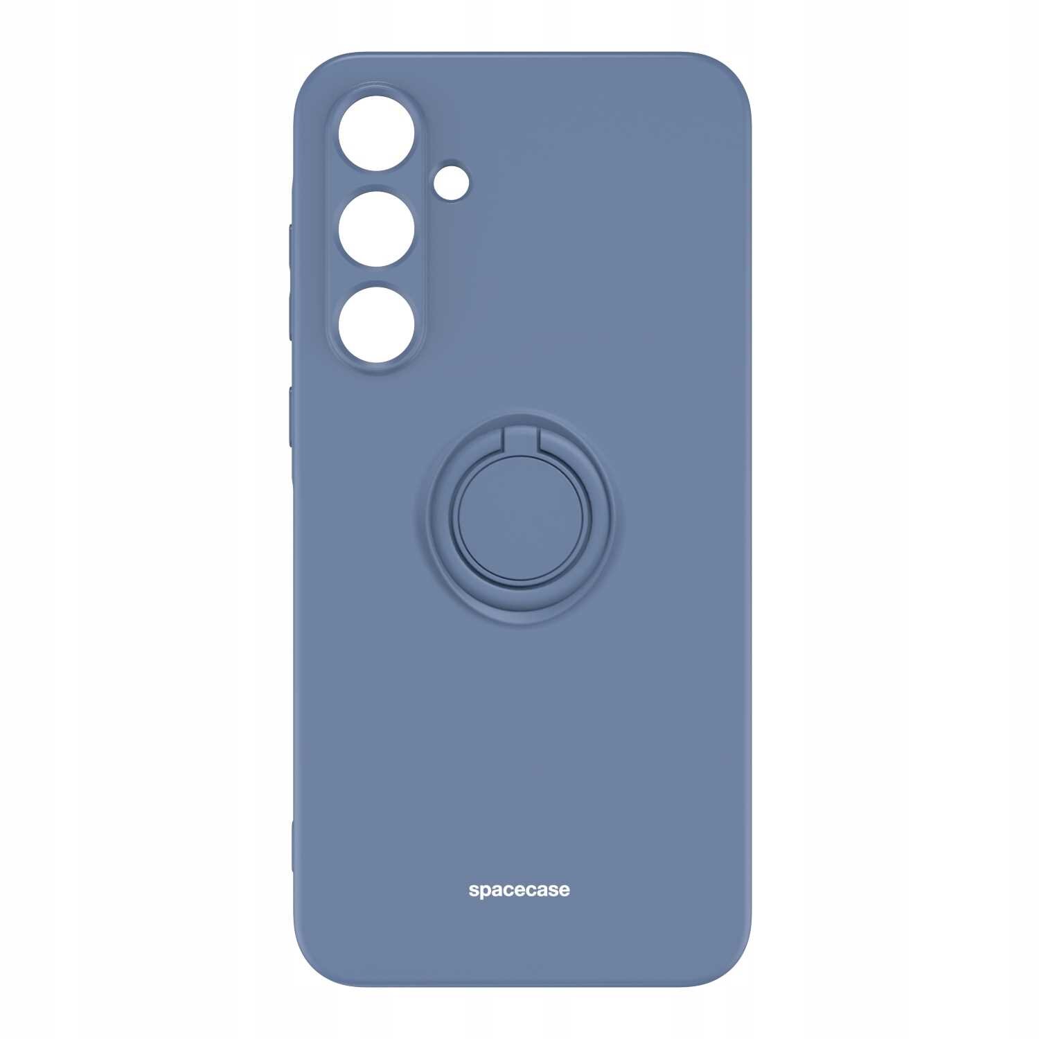 Niebieskie silikonowe etui z pierścieniem na tylnej stronie, posiada trzy otwory na aparat i jeden mniejszy na lampę. Na dole widoczny jest napis \'spacecase\'.