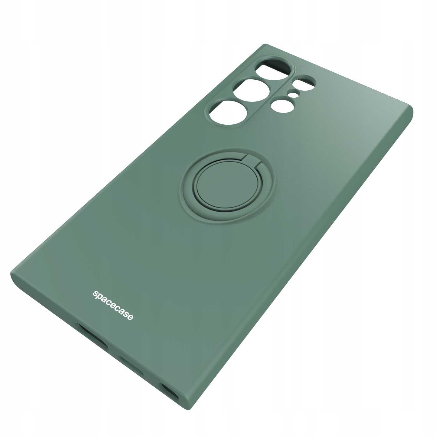 Zielone silikonowe etui z otworami na aparat i wbudowanym pierścieniem. Na etui widoczne jest logo \'spacecase\'.