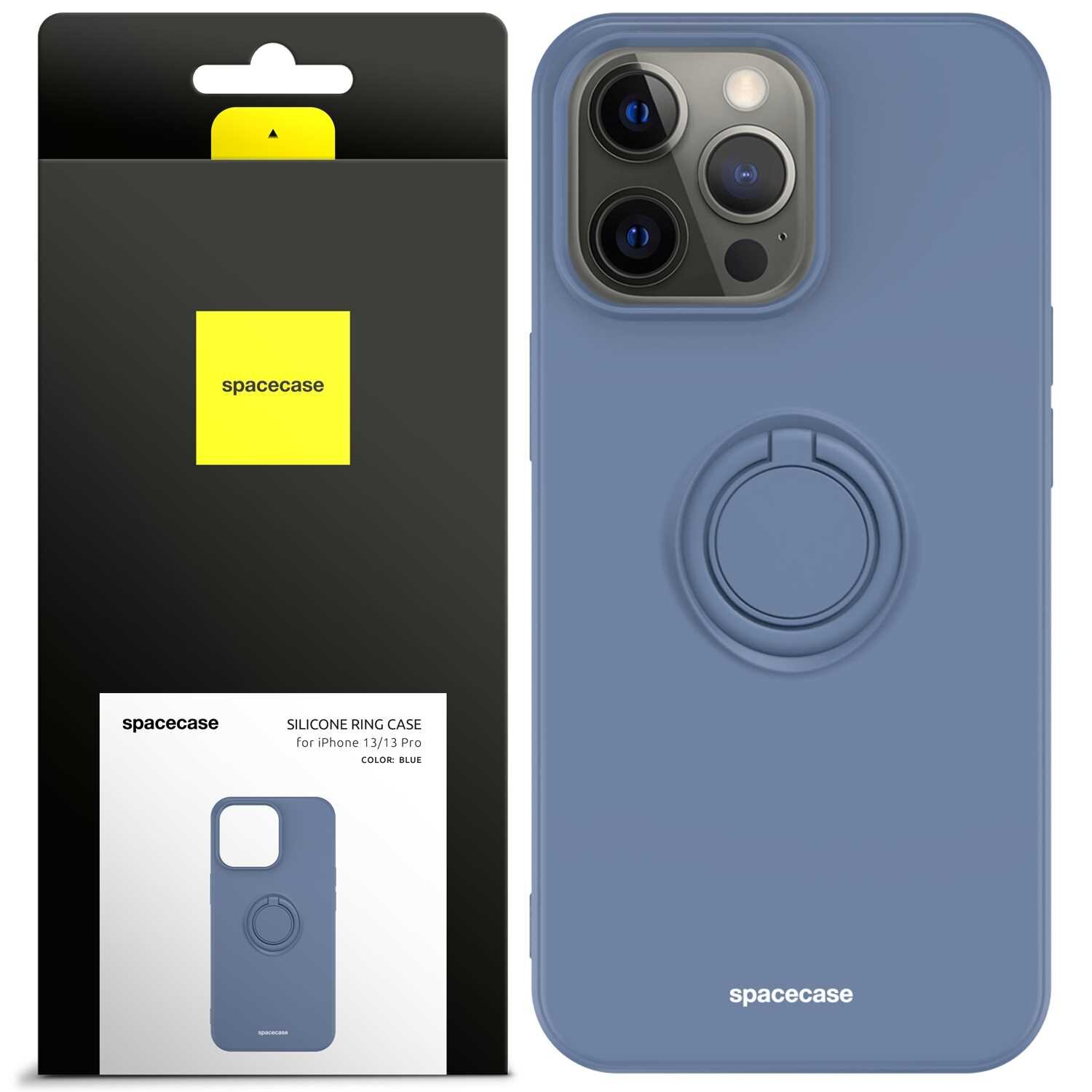 Na obrazie widoczne jest niebieskie silikonowe etui z pierścieniem, przeznaczone do iPhone 13 Pro. Opakowanie produktu ma czarną i żółtą kolorystykę z logo \'spacecase\'.