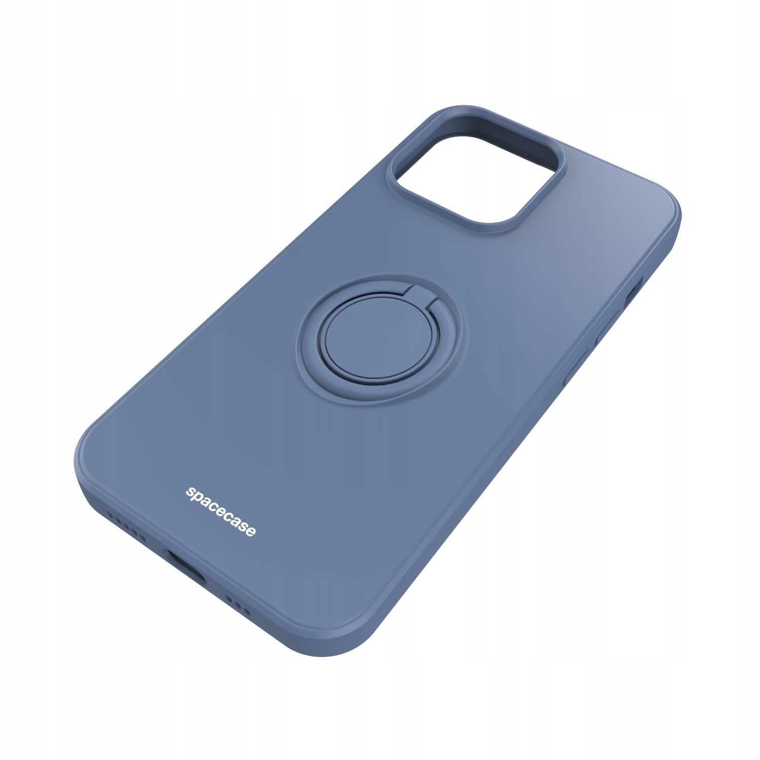Niebieskie silikonowe etui z pierścieniem na tylnej stronie, przeznaczone do iPhone 13 Pro. Widoczne logo: spacecase.