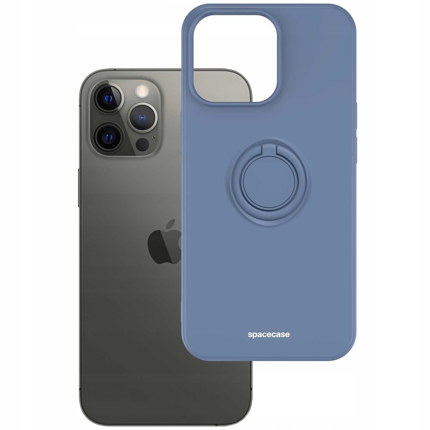 Na obrazie widoczne jest silikonowe etui w kolorze niebieskim z napisem \'spacecase\', obok telefonu z trzema obiektywami aparatu. Etui posiada okrągły uchwyt na tylnej stronie.