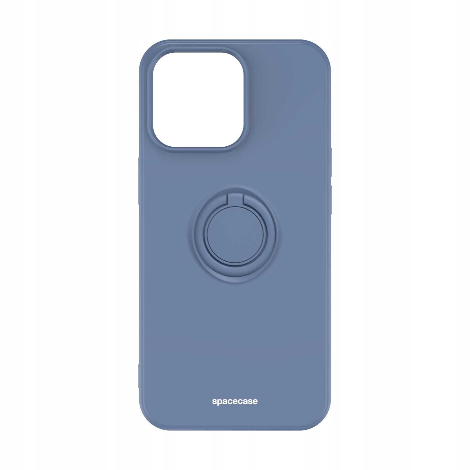 Niebieskie silikonowe etui z pierścieniem na tylnej stronie, przeznaczone do iPhone 13 Pro. Na dole widoczny jest napis \'spacecase\'.