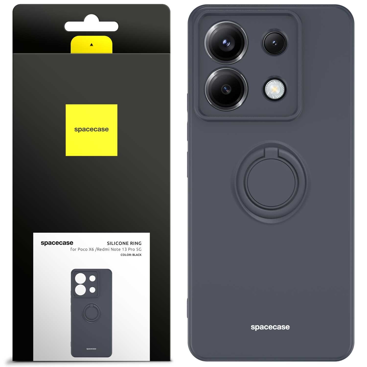 Obraz przedstawia czarne silikonowe etui z pierścieniem na telefon, obok opakowania z logo \'spacecase\'. Na opakowaniu widnieje napis: \'SILICONE RING for Poco X6 / Redmi Note 13 Pro 5G COLOR: BLACK\'.