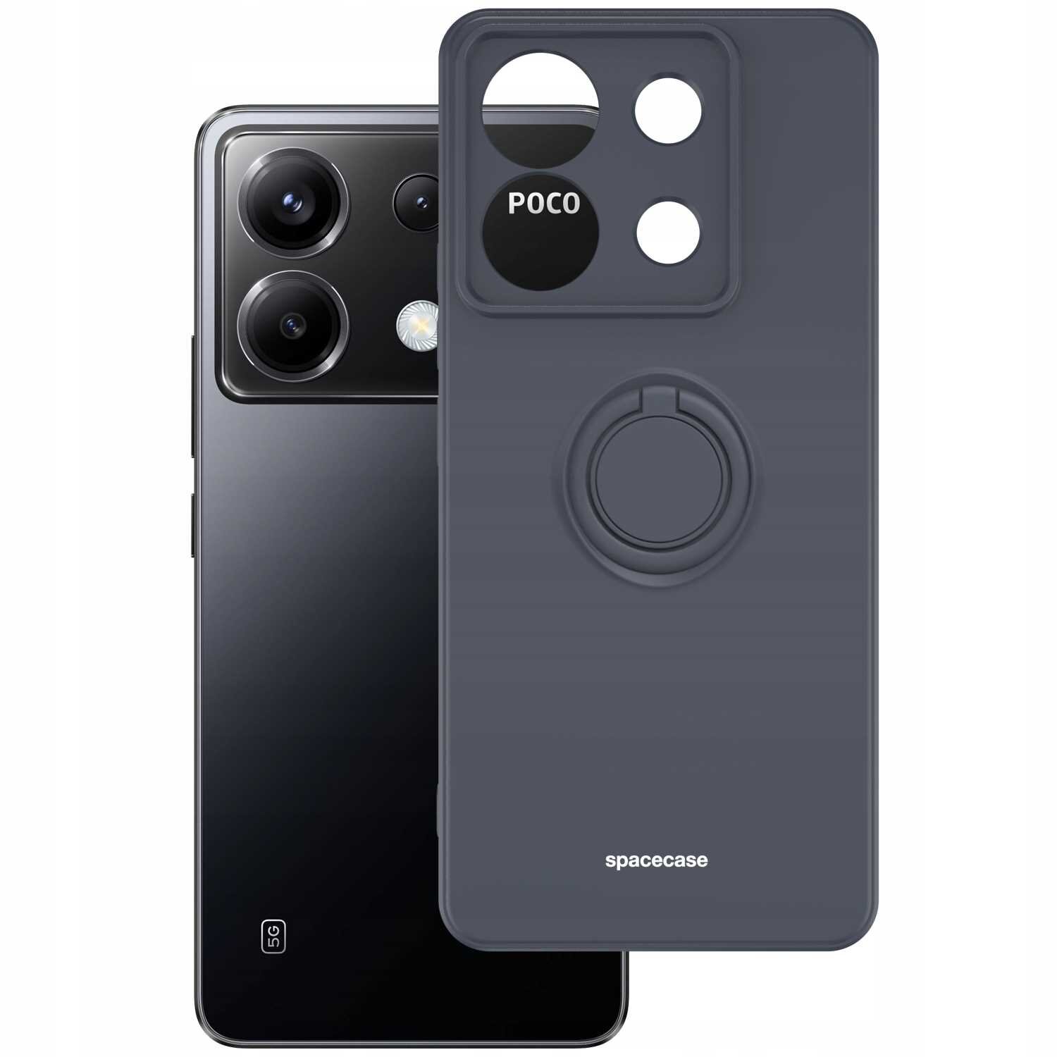 Na obrazie widoczne jest czarne silikonowe etui z napisem \'spacecase\' oraz telefon z trzema obiektywami aparatu. Etui posiada otwory na aparat i napis \'POCO\'.