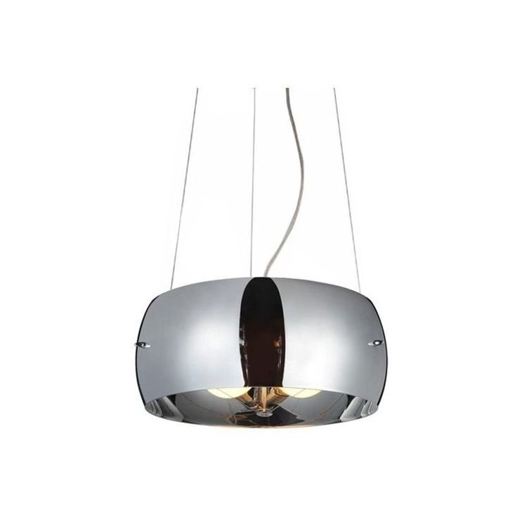 Lampa wisząca o nowoczesnym designie z metalicznym, błyszczącym wykończeniem i widocznymi żarówkami wewnątrz. Zawieszona jest na cienkich przewodach, co nadaje jej elegancki wygląd.