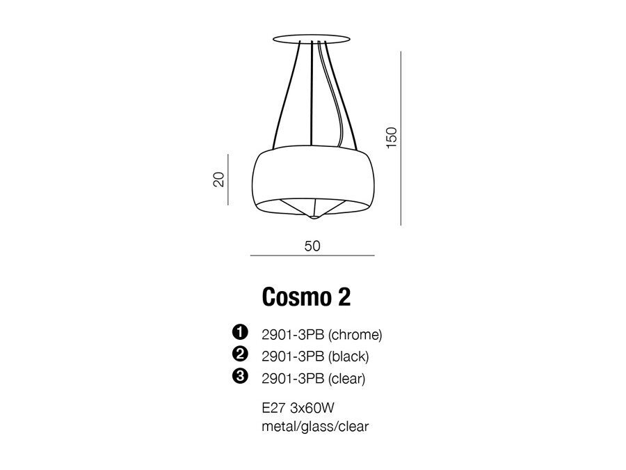 Schemat lampy wiszącej Cosmo 2 z wymiarami 150 cm wysokości i 50 cm szerokości. Dostępne wersje: 2901-3PB (chrome), 2901-3PB (black), 2901-3PB (clear); E27 3x60W, metal/glass/clear.