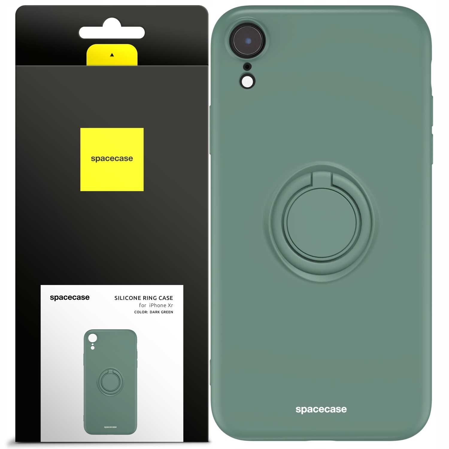 Zielone silikonowe etui z pierścieniem na iPhone XR, obok opakowanie z logo \'spacecase\'.