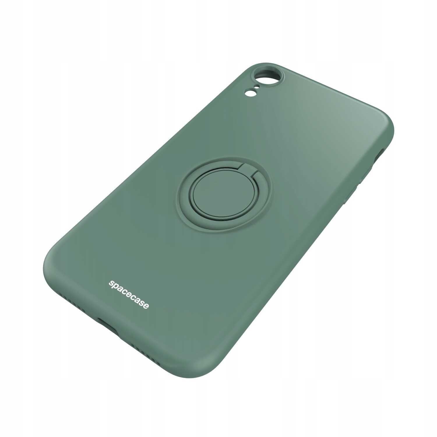 Zielone silikonowe etui z pierścieniem na tylnej stronie, z napisem \'spacecase\' w dolnej części. Etui posiada otwory na aparat i dodatkowy sensor.