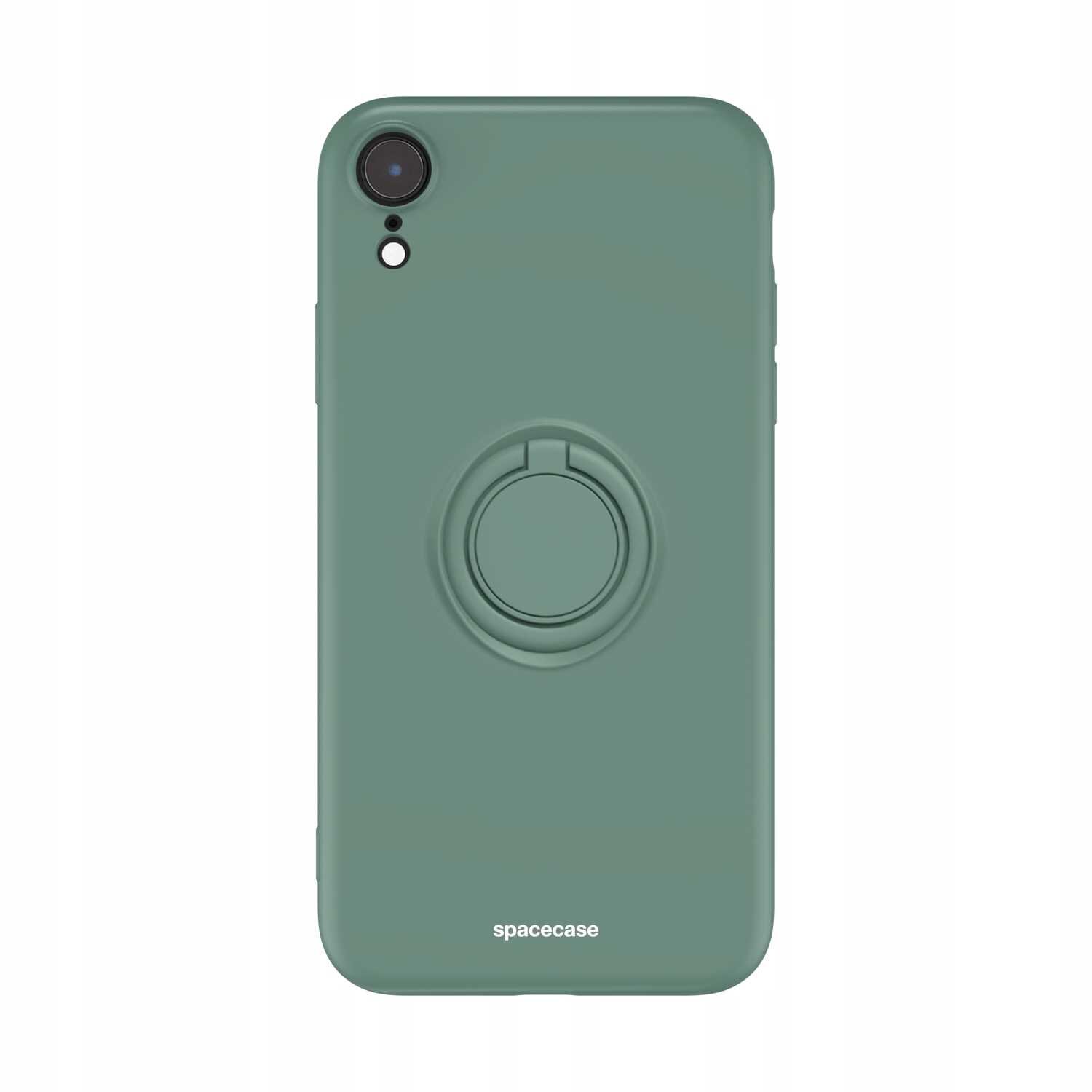 Zielone silikonowe etui z pierścieniem na tylnej stronie, przeznaczone do iPhone XR. Na dole widoczny jest napis \'spacecase\'.