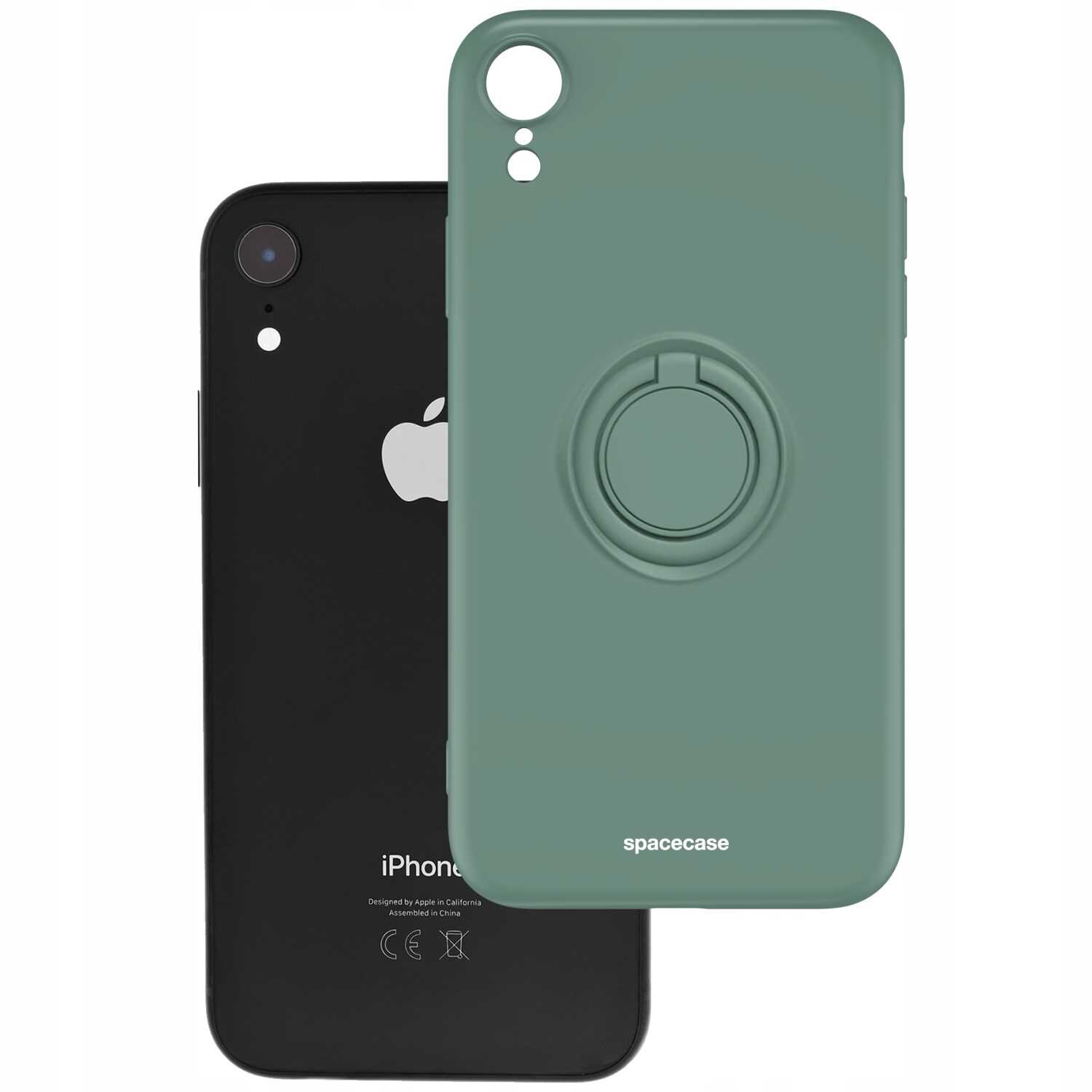 Zielone silikonowe etui z pierścieniem na iPhone XR, z widocznym logo \'spacecase\'. W tle czarny telefon z logo jabłka.