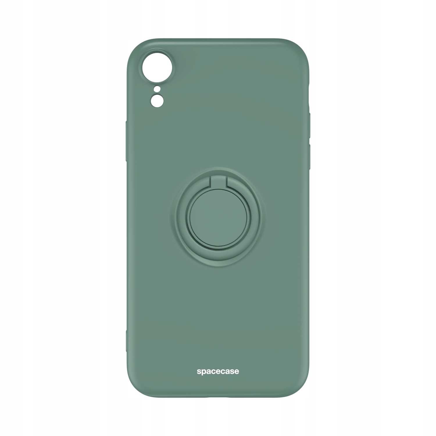 Zielone silikonowe etui z pierścieniem na tylnej stronie, przeznaczone do iPhone XR. Na dole widoczny jest napis \'spacecase\'.