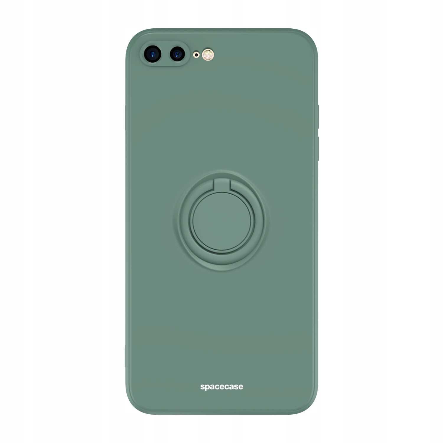 Zielone silikonowe etui z pierścieniem na tylnej stronie, przeznaczone do iPhone 7/8 Plus. Na dole widoczny jest napis \'spacecase\'.