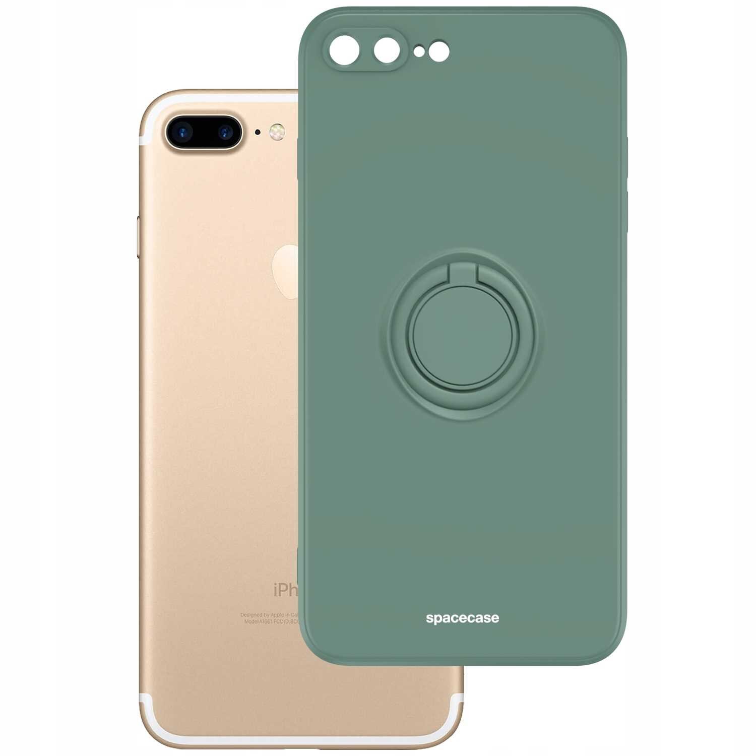 Zielone silikonowe etui z pierścieniem na tylnej stronie, obok złotego telefonu. Na etui widoczny jest napis \'spacecase\'.