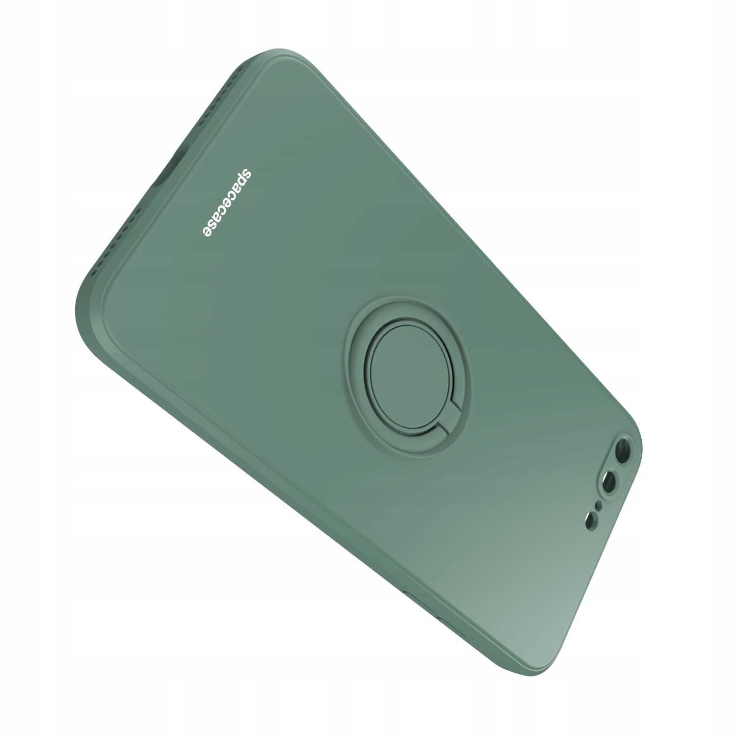 Zielone silikonowe etui z pierścieniem na tylnej stronie, przeznaczone do iPhone 7/8 Plus. Na etui widoczne jest logo \'Spacecase\'.